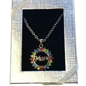 Mom necklace goldtone multi color gems circle pendant colorful y2k retro tacky